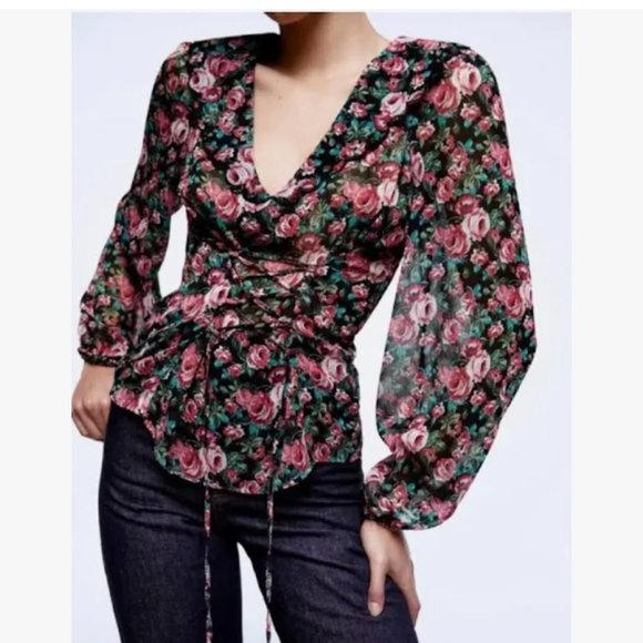 Zara Dark Floral Rose Front Lace Up Corset Top Chiffon Billowing Long Sleeves - Picture 3 of 11